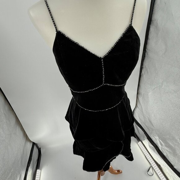 Parker S Black Velvet Skirt With Rhinestone Trim Details Ruffled Hem, Size S, El - Picture 11 of 11